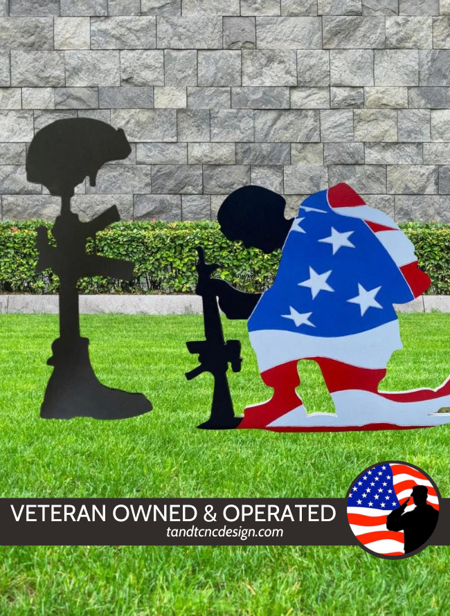 Soldier's Cross & Kneeling Soldier Yard Stake Set