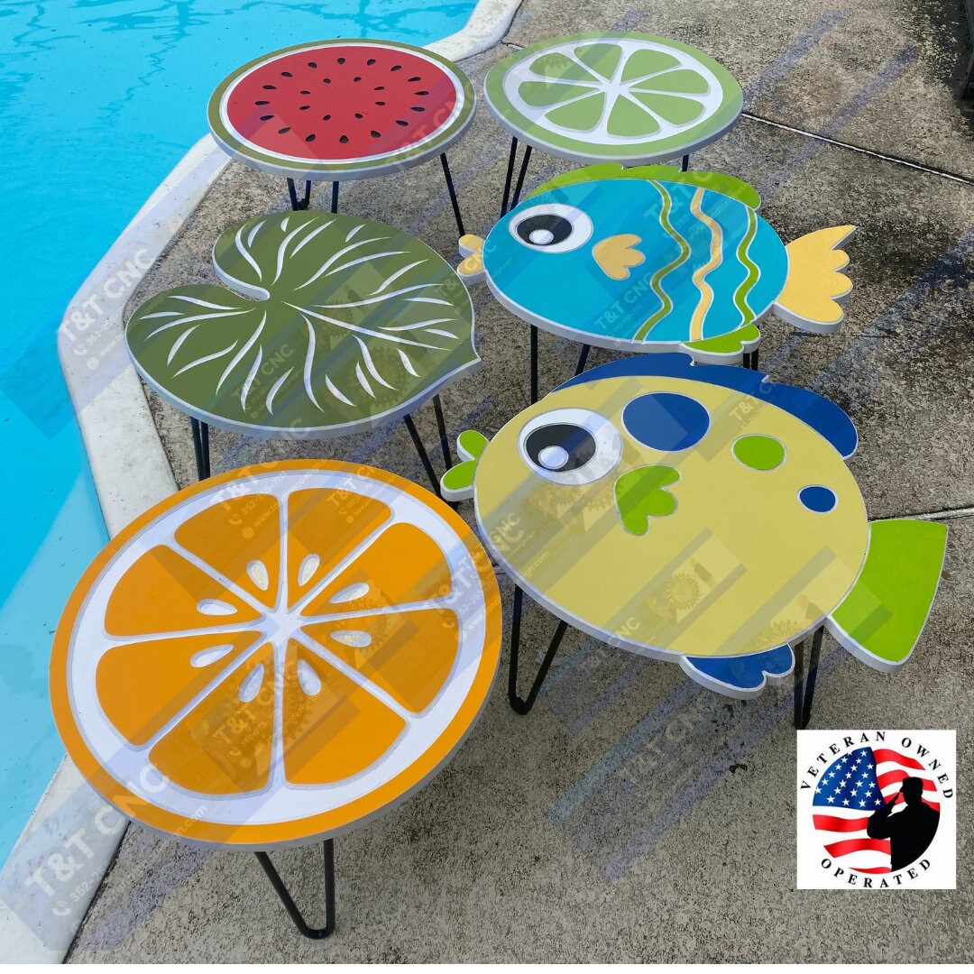 Poolside poly tables - orange, leaf, watermelon, lime, fish
